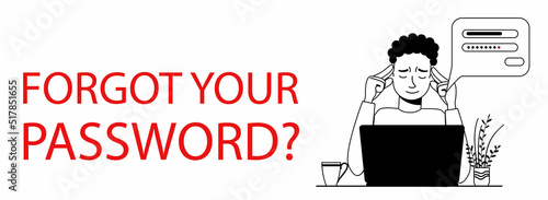 The man forgot her personal details. People is holding his head. web splash concept with forgotten password, account protection, danger warning. Vector illustration in black and white doodle style.