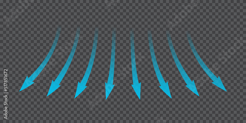 Air flow. Blue arrows showing direction of air movement. Wind direction arrows. Blue cold fresh stream from the conditioner. Vector illustration isolated on transparent background.