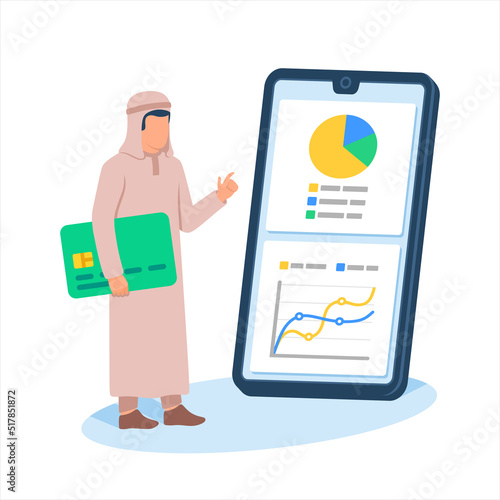 Arab muslim with bank credit card looks online banking account dashboard analytics vector illustration