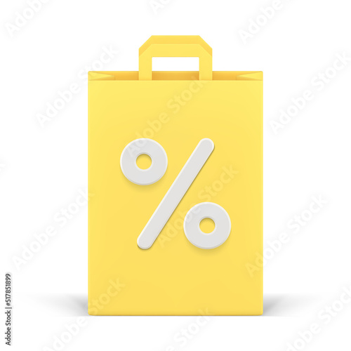 Yellow shopping paper bag sale discount percentage retail special offer realistic 3d icon vector