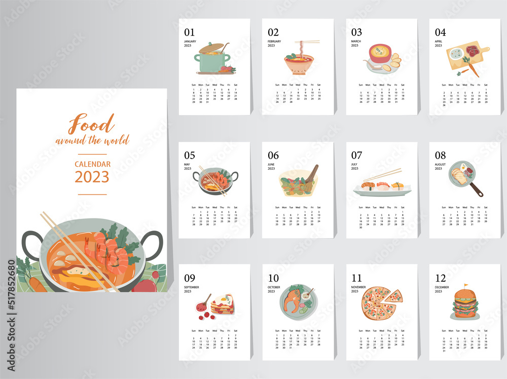 Cute calendar 2023 design,The year of plant monthly cards templates,Set of 12 month,Monthly,food,Vector illustrations.