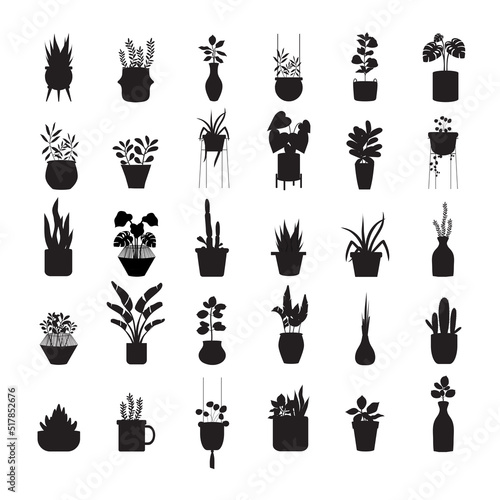 Set of silhouette house plants series.Potted Plants Collection. hand drawn,decor,tree,Vector illustrations.