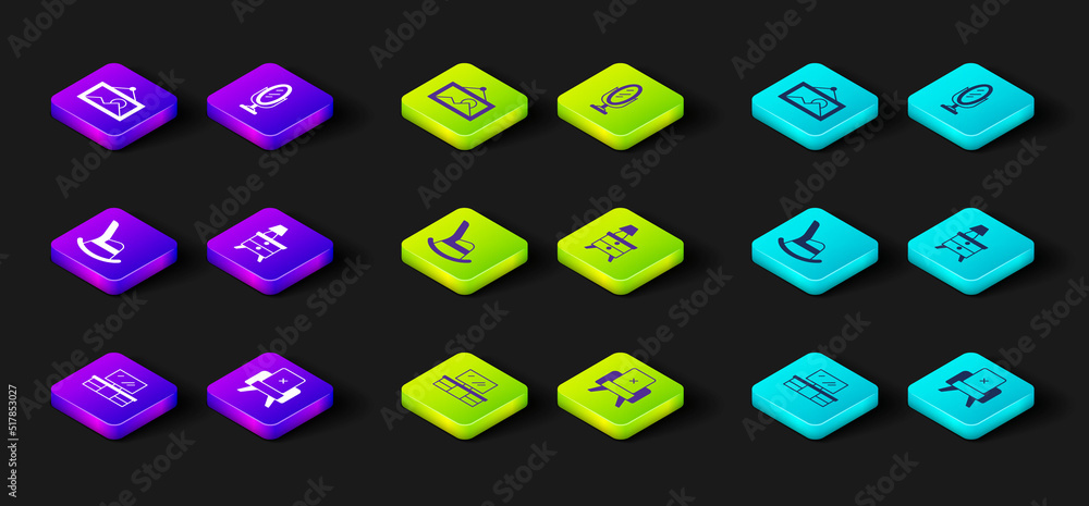 Set TV table stand, Armchair, Rocking, Nightstand with lamp, Mirror and Picture icon. Vector Set TV table stand, Armchair, Rocking, Nightstand with lamp, Mirror and Picture icon. Vector