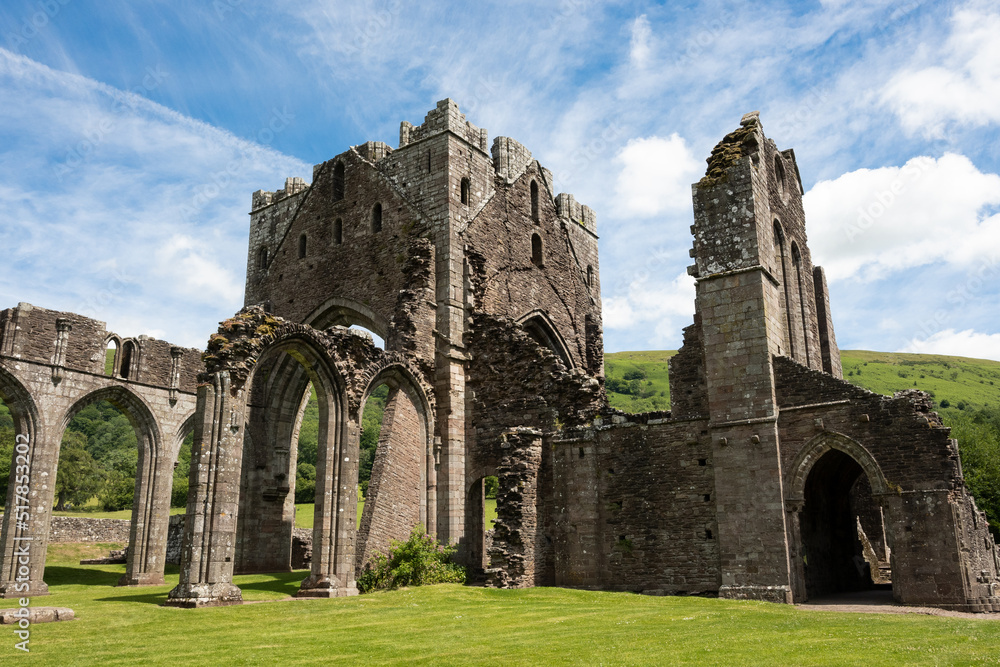 A section of the ruins of Llantony Priory near Abergavenny in Wales UK next to the Brecon Beacons Black Mountains. this medieval structure is a popular attraction to visitors and tourists