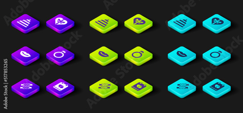 Set Candy, Calendar with heart, Smiling lips, Wedding rings, shaped box and cake icon. Vector