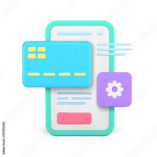 Credit card payment application smartphone settings shopping online transaction 3d icon vector