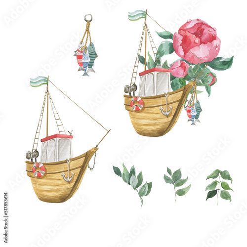 Watercolor illustration of a ship framed by peonies