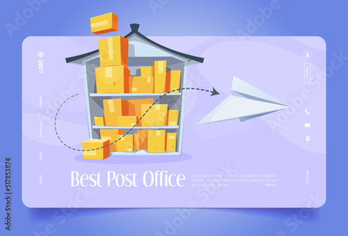 Best post office cartoon landing page. Parcel shipping, fast delivery service. Pile of cardboard boxes lying on shelf and paper airplane flying. Freight and cargo warehouse logistic, Vector web banner