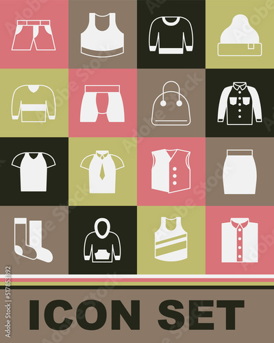 Set Shirt, Skirt, Sweater, Men underpants, Short or and Handbag icon. Vector