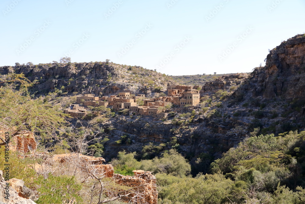View of ruins of an abandoned village at the Wadi Bani Habib at the Jebel Akhdar mountain in Oman