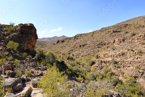 View of ruins of an abandoned village at the Wadi Bani Habib at the Jebel Akhdar mountain in Oman