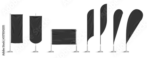 Black vinyl flags and set banners on metallic pole. Vector realistic template of fabric promotion posters, advertising striped canvas pennants hanging on metal frame and stand