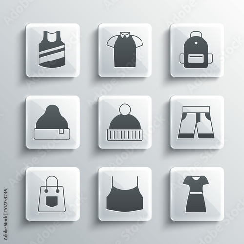 Set Female crop top, Woman dress, Short or pants, Beanie hat, Handbag, Undershirt and School backpack icon. Vector