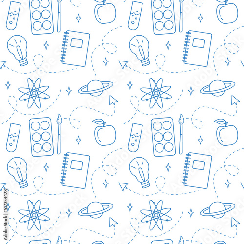 Cute pattern with school stationery and creative elements. Seamless pattern. Back to school. Can be used for web page background fill, surface texture