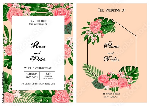 vector floral design for wedding invitation with red roses and tropical leaves, floral poster, decorative greeting cards