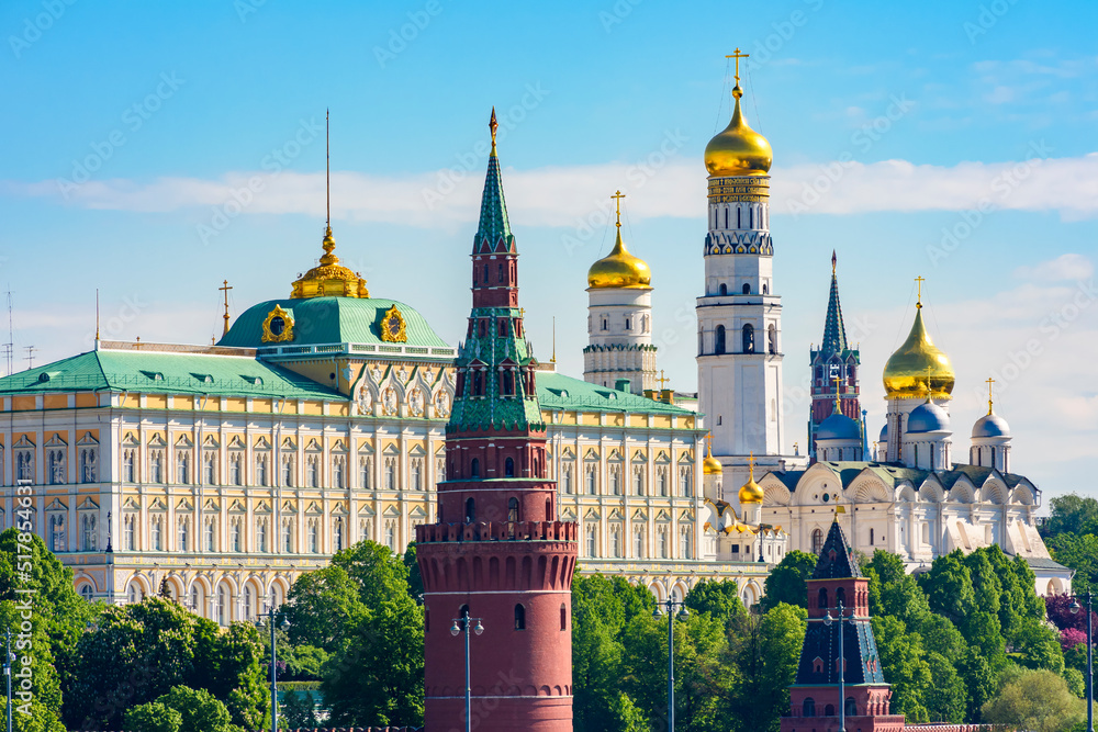 Towers of Moscow Kremlin with Grand Kremlin palace in summer, Russia