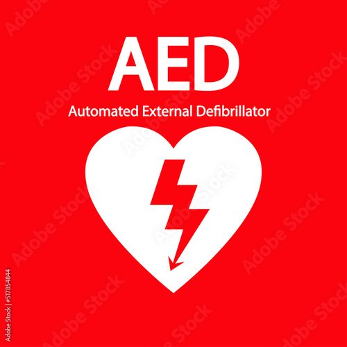 AED,automated external defibrillator / aed sign with heart and electricity symbol flat vector icon	
