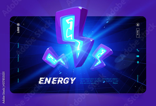 Energy banner with blue neon lightnings, thunder bolts icons. Vector landing page of electric power with cartoon abstract illustration with flash and symbols of electricity
