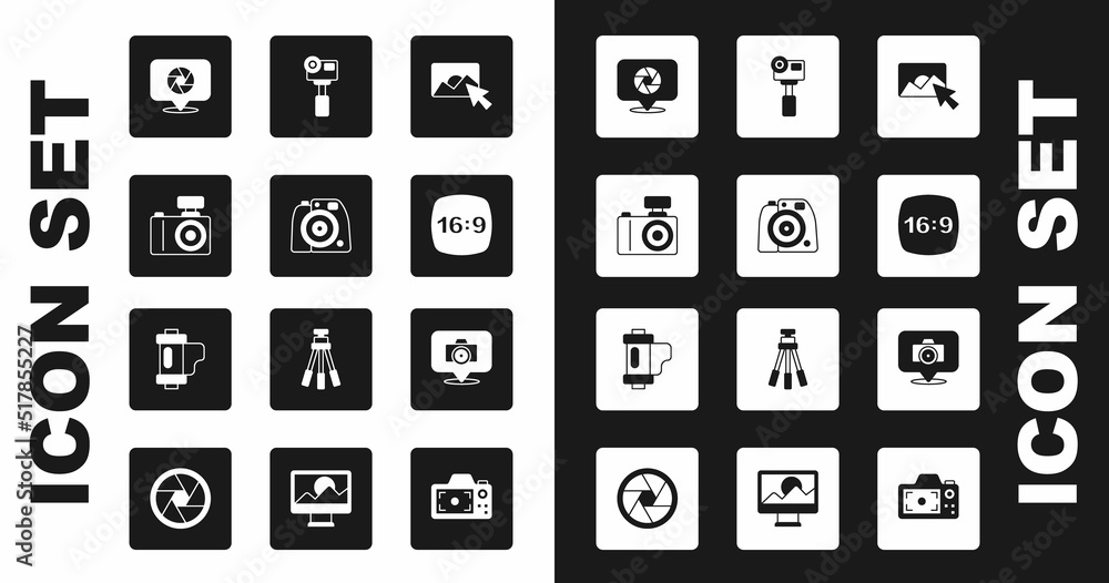 Set Photo retouching, camera, Camera shutter, frame 16, Action extreme, and film roll cartridge icon. Vector Set Photo retouching, camera, Camera shutter, frame 16, Action extreme, and film roll cartridge icon. Vector