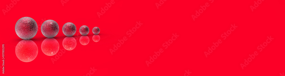 Five balls of metal of different sizes of red color on red background. Growth of something. Progress. Reflection. Banner for insertion into site. Place for text cope space. 3D image. 3D rendering.