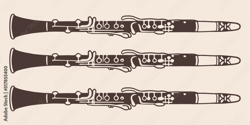 Vintage hand drawn three clarinets in vintage engraved style. Isolated ...