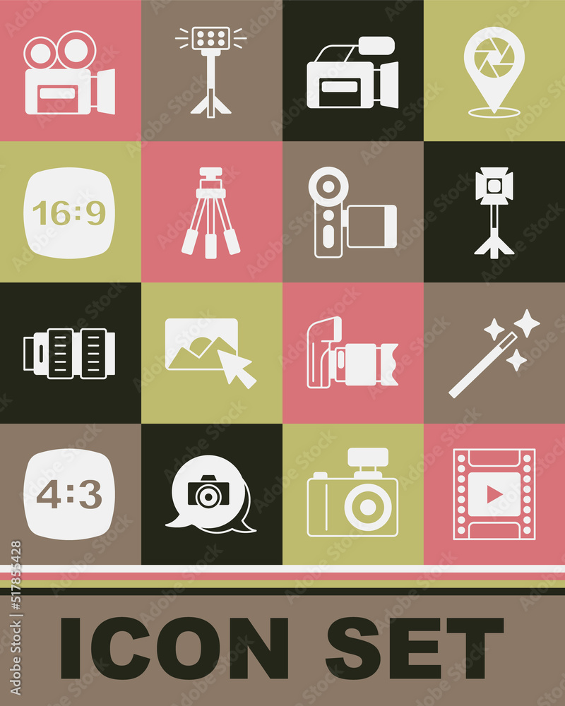 Set Camera film roll cartridge, Photo retouching, Studio light bulb softbox, Cinema camera, Tripod, frame 16, Retro cinema and icon. Vector Set Camera film roll cartridge, Photo retouching, Studio light bulb softbox, Cinema camera, Tripod, frame 16, Retro cinema and icon. Vector