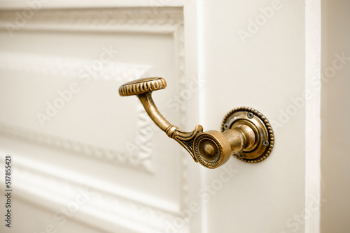 classic doorknob on white wooden door, white front door with vintage handle