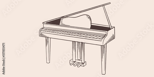 Vintage hand drawn grand piano in vintage engraved style. Isolated on white background. front view.