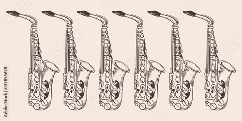 Vintage hand drawn six saxophone in vintage engraved style. Isolated on white background. front view.