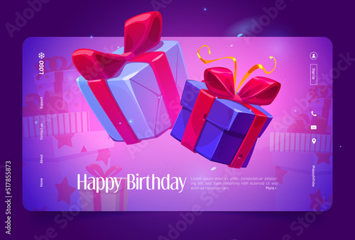 Happy birthday cartoon landing page with wrapped gift boxes, festive promotion with presents for customer, surprise for client, sale or coupon for shopping, party invitation, Vector web banner