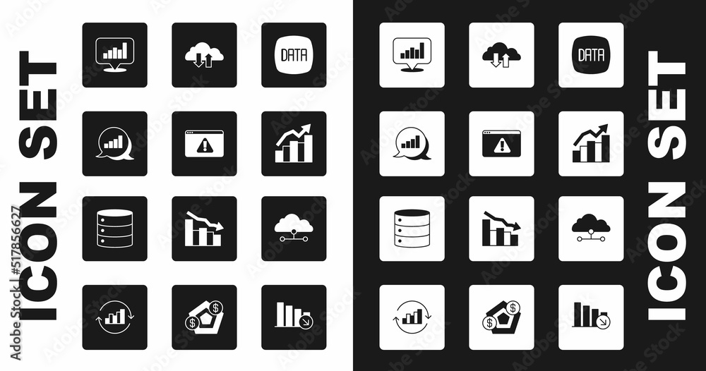 Set Data analysis, Browser with exclamation mark, Pie chart infographic, Financial growth, Cloud download and upload, Network cloud connection and Server icon. Vector Set Data analysis, Browser with exclamation mark, Pie chart infographic, Financial growth, Cloud download and upload, Network cloud connection and Server icon. Vector