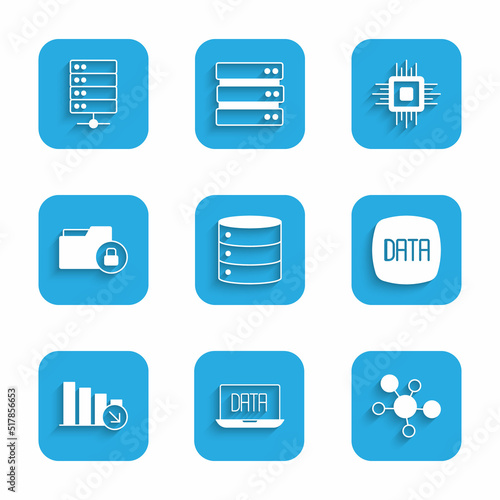 Set Server, Data analysis, Mind map infographic, Financial growth decrease, Folder and lock, Processor CPU and icon. Vector