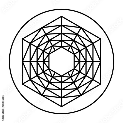 Grid pattern with symmetrical hexagonal shape, in a circle. Five hexagons, placed inside each other, connected with grid lines. Modeled on a crop circle pattern, found at Barbury Castle. Illustration.