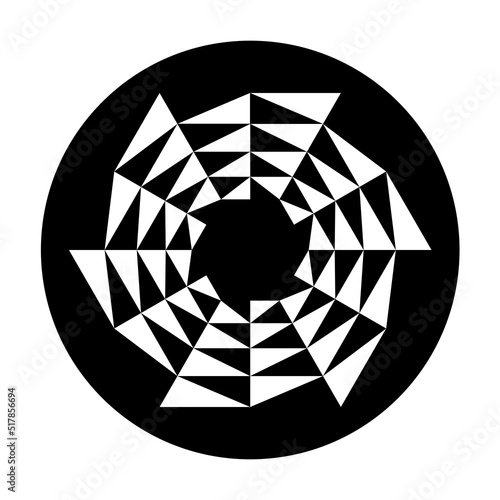 Star with circular triangle pattern in a black circle. White triangles forming a circular saw blade shape, appearing to move counterclockwise. Modeled on a crop circle pattern found at Barbury Castle. photo