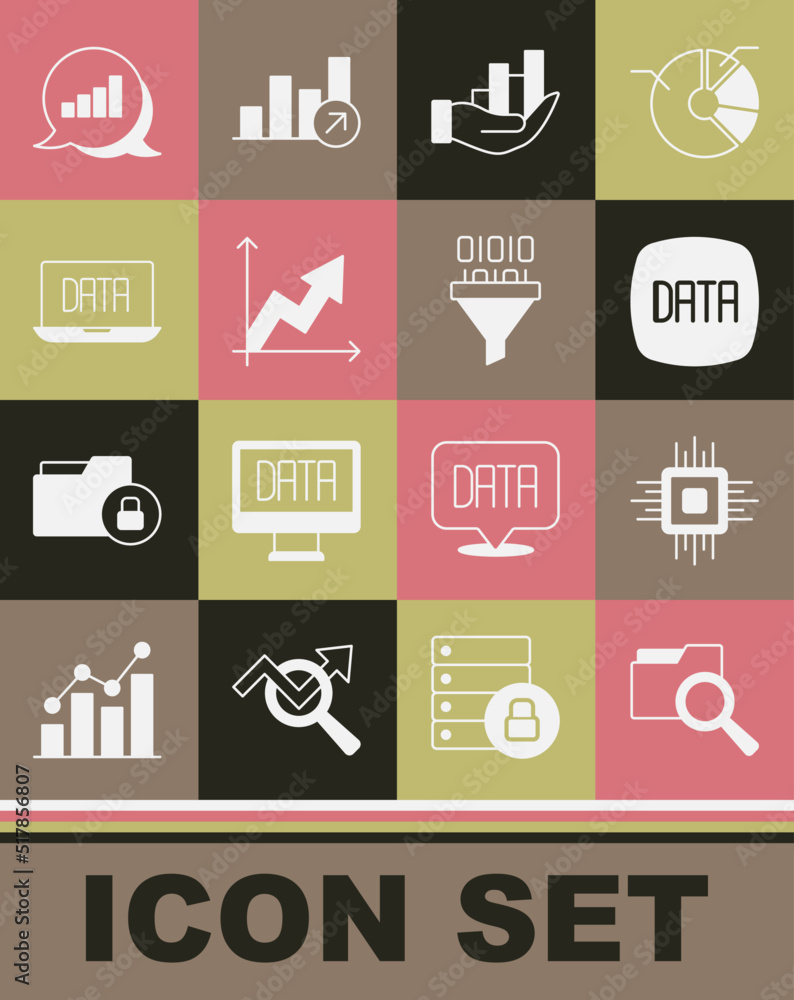 Set Search with folder, Processor CPU, Data analysis, Pie chart infographic, Financial growth, and Binary code icon. Vector Set Search with folder, Processor CPU, Data analysis, Pie chart infographic, Financial growth, and Binary code icon. Vector