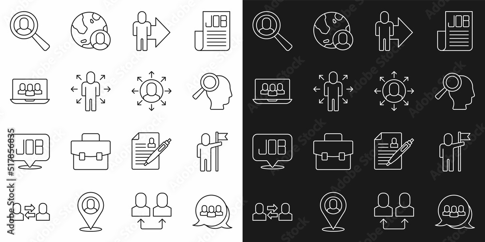 Set line Project team base, Man holding flag, Magnifying glass for search job, Leader of of executives, Multitasking manager working, and icon. Vector
