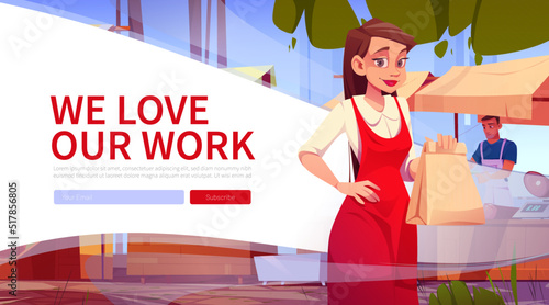 Local food market website with woman seller and wooden stalls with farm products. Vector landing page of street marketplace with cartoon illustration of girl merchant and kiosks