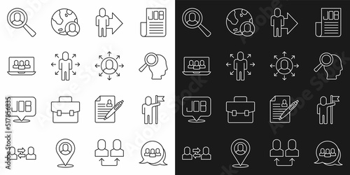 Set line Project team base  Man holding flag  Magnifying glass for search job  Leader of of executives  Multitasking manager working  and icon. Vector