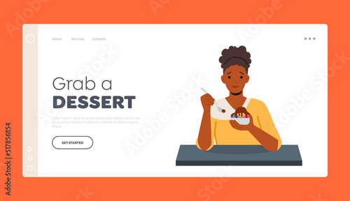 Grab a Dessert Landing Page Template. Enjoyment, Pleasure of Sweet Food. Happy Woman Eating Delicious Ice Cream