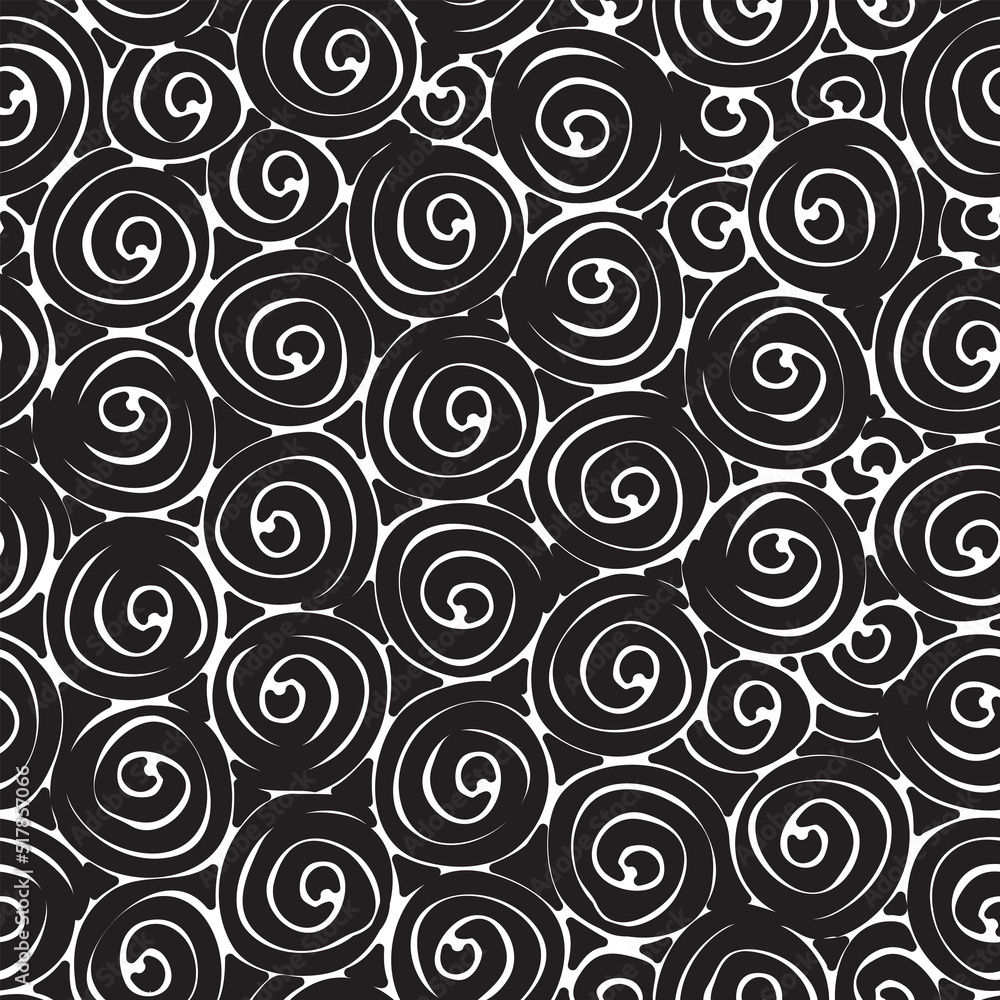Abstract seamless pattern with black and white spiral doodles. Vector repeating background for wallpaper, wrapping paper, fabric, clothes. Retro squiggle freehand texture with monochrome graphic print