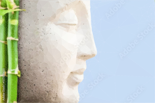 Buddha Statue neben Bambus. Das Gesicht drückt viel Ruhe aus. Vektor in Low Poly Art. 