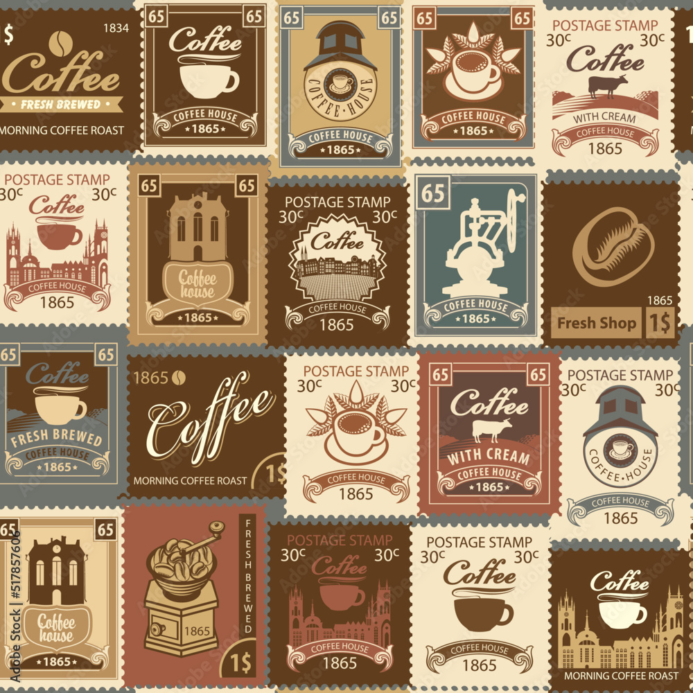 Seamless pattern with various postage stamps on the theme of coffee and coffee house. Repeating vector background in retro style. Suitable for wallpaper, wrapping paper, fabric, package.