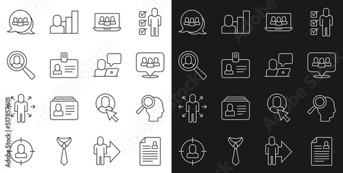 Set line Resume, Magnifying glass for search job, Project team base, Identification badge, and Freelancer icon. Vector