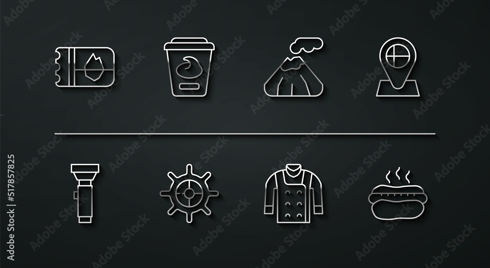 Set line Ticket in Iceland, Flashlight, Location flag, Sweater, Ship steering wheel, Yogurt container, Hotdog sandwich and Volcano icon. Vector Set line Ticket in Iceland, Flashlight, Location flag, Sweater, Ship steering wheel, Yogurt container, Hotdog sandwich and Volcano icon. Vector
