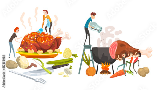 Small Man Cooking Giant Food with Turkey on Plate and Pot on Burning Fire Vector Set