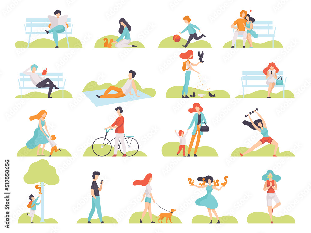 People Characters Walking in Park Sitting on Bench, Feeding Pigeons, Playing with Squirrel and Doing Sport Vector Set