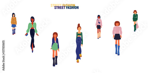 Collection of stylish young women dressed in trendy clothes. Vector fashion illustration.