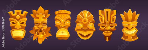 Canvas Print Gold tiki masks, hawaiian tribal totem with god faces