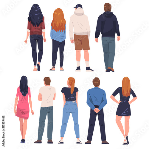 People Characters Standing in Row Back View Vector Illustration Set