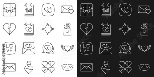 Set line Smiling lips, Heart with wings, Shopping bag heart, Calendar, Broken or divorce, Gift box and Bow and arrow icon. Vector